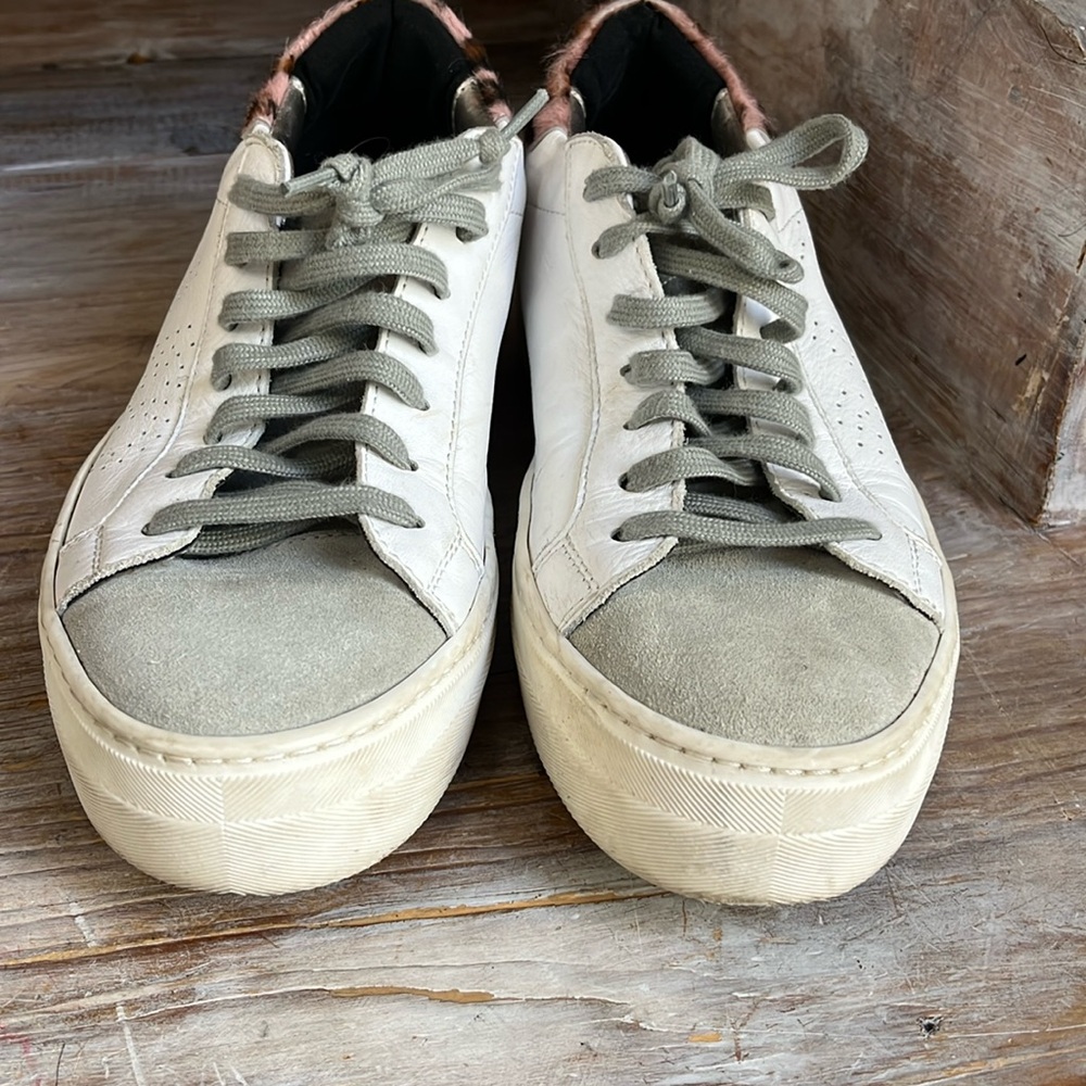 🤍 P448 White Leather Leopard Sneakers Size 39 Suede Toe Platform - Picture 7 of 12